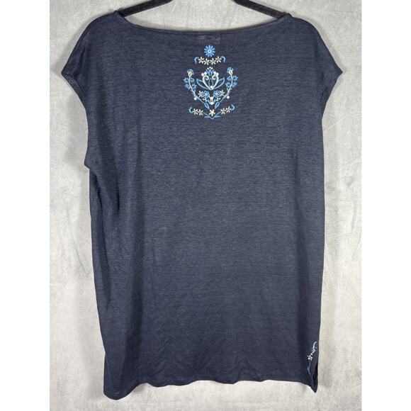 J Jill Love Linen Top Large Blue Floral Embroidered Short Sleeve‎ Tunic Shirt - Picture 2 of 8